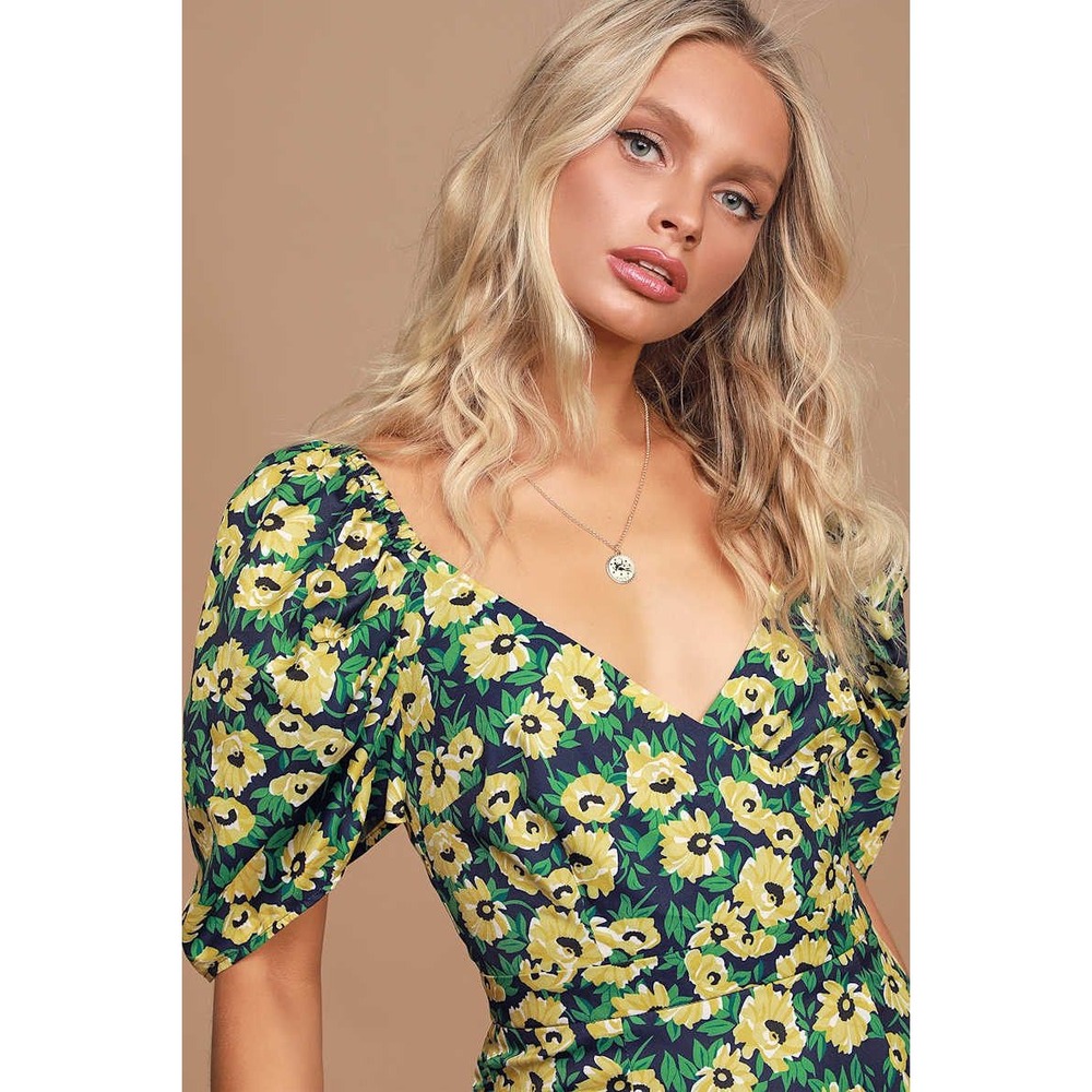 Lulus Sunny Days Navy Blue Yellow Floral Puff Sleeve Mini Dress